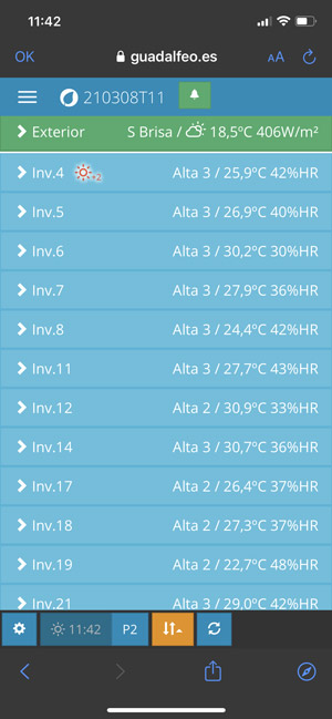 Pantalla de la App Guadalfeo con el control de temperatura y humedad del invernadero